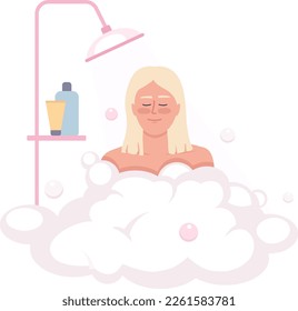 Happy blond woman bathing with shower gel bubbles semi flat color vector character. Editable figure. Half body person on white. Simple cartoon style illustration for web graphic design and animation