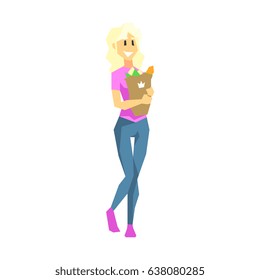 Happy blond woman carrying package with food products. Shopping in grocery store, supermarket or retail shop. Colorful character vector Illustration