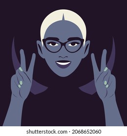 A happy blond woman is showing a victory sign. The modern happy witch with eyeglasses on a fashion mystical background with moon. Vector flat illustration