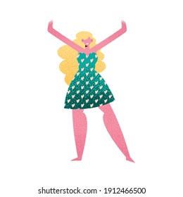 happy blond young woman wearing green dress character vector illustration design
