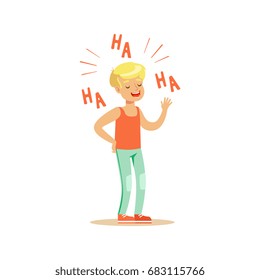 Happy blonde boy in casual clothes laughing out loud colorful character vector Illustration