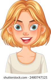 Happy blonde character with big green eyes