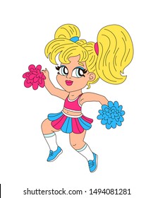 Happy blonde cheerleader girl with two ponytials in a pink and blue skirt, crop top and socks jumping with pom-poms isolated on white background. School, college sport team support cartoon character.