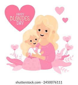 Happy Blonde Day. Cute blonde woman mother with her Fair-haired daughter in pink. Vector illustration in flat cartoon style. Holiday postcard congratulations. May 31.