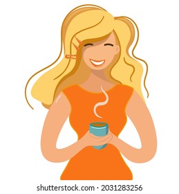 Feliz rubia bebe café caliente aromático o té. Joven con una blusa naranja sostiene un vaso azul en manos cálidas y sonrisas. Publicidad de bebidas. Ilustración vectorial aislada, estilo plano, cierre