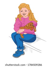 Happy blonde girl in blue jeans, sneakers and pink blouse holding a puppy on her lap. Vector