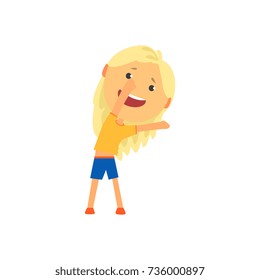 Happy blonde girl doing sport exercise, incline to side, kids physical activity cartoon vector Illustration