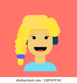 Happy blonde girl in earphones listening music. Cartoon character isolated on living coral trend color.