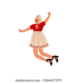 Happy Blonde Girl Jumping Celebrating Important Event, Dance Party, Friendship, Sport Concept Vector Illustration