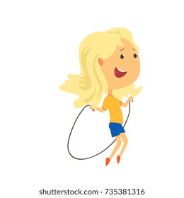 Happy blonde girl jumping with a rope, kids physical activity cartoon vector Illustration