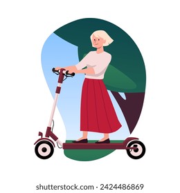 Happy blonde girl on electric scooter, vector illustration in flat cartoon style isolated on white background. Young pretty woman drives a scooter, rides somewhere in the summer, city eco transport