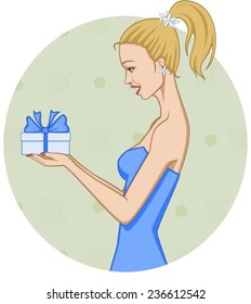 Happy blonde girl receiving a wrapped gift box, on oval background