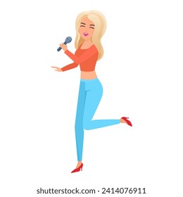 Happy blonde girl singing at karaoke party. Woman holding microphone cartoon vector illustration