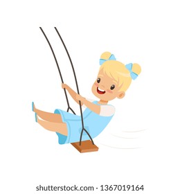 Happy blonde girl swinging on a rope swing, little kid having fun on a swing vector Illustration on a white background