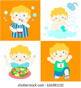 Happy blonde hair boy do daily healthy routine brushing teeth, take a bath,
eat healthy food and exercise vector illustration
