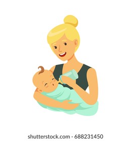Happy blonde mother holding her bonded baby and feeding with milk bottle colorful vector Illustration