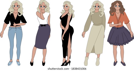 Happy blonde on a white background. The character in different sets of clothes and different poses. The character wears jeans and a blouse, evening dress, a long skirt.