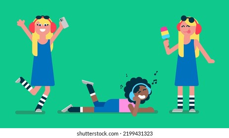 Happy blonde teenage girl jumping for joy, black african afro girl Lying on the floor and listening to the music, girl eating delicious ice cream, Flat avatar vector illustration.	
