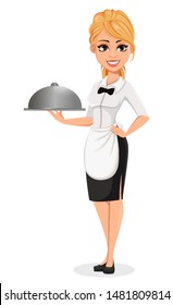 Happy blonde waitress holds domed tray. Cheerful cartoon character. Vector illustration on white background