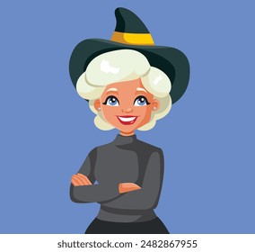 
Happy Blonde Witch Standing with Arms Crossed Vector Cartoon. Cheerful woman feeling excited about Halloween party
