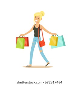 Happy blonde woman in a casual clothes walking with shopping bags colorful character vector Illustration