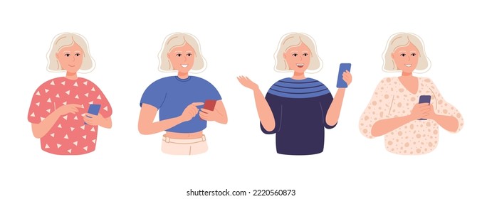 La feliz mujer rubia usa smartphone. 4 emotes, poses y trajes diferentes. Chatear y enviar mensajes de texto a teléfonos inteligentes, usando teléfonos móviles, internet, redes sociales. Ilustración vectorial plana aislada