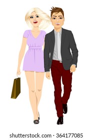 happy blonde woman with shopping bags holding hand of her boyfriend walking forward 