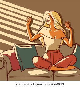 Happy blonde woman sitting on a sofa at golden hour and enjoying the sun light. Girl in pajamas on a couch being touched by sunrays.