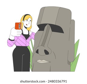 Mujer rubia feliz que toma selfie con la estatua de moai 2D personaje lineal de dibujos animados. Mujer caucásica viajero aislado línea Vector persona fondo blanco. Ilustración de punto plano de color de la isla de Pascua