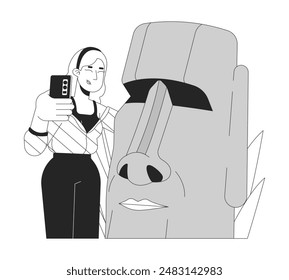 Mujer rubia feliz tomando selfie con la estatua de moai blanco y negro 2D línea de personaje de dibujos animados. Mujer viajero aislado perfil de Vector persona. Ilustración monocromática del punto plano del tour de la isla de Pascua