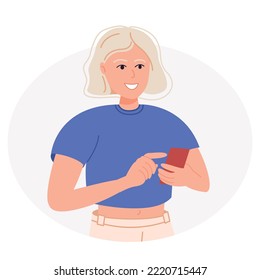 Happy blonde woman uses smartphone. Modern teenager with mobile phone surfing internet and getting likes. Colored flat vector illustration isolated on white background. Flat vector illustration 