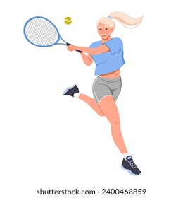 A happy blonde young woman with a tennis racket in her hand. The girl is a tennis player serving the ball. Training, sports and hobbies. Healthy lifestyle. Vector flat illustration