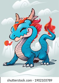 happy blue asian dragon mascot character