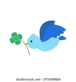 A happy blue bird carrying a four-leaf clover. Vector illustration.