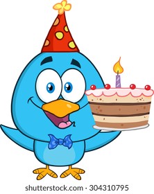 Happy Blue Bird Cartoon Character Holding Up A Birthday Cake. Vector Illustration Isolated On White
