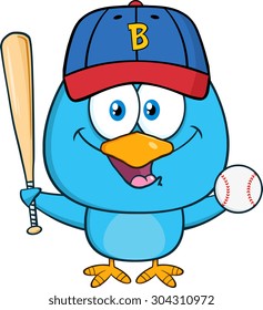 Happy Blue Bird Cartoon Character Swinging A Baseball Bat And Ball. Vector Illustration Isolated On White