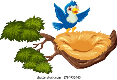 Fröhlicher blauer Vogel fliegt auf leere Nestgrafik