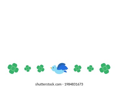 Happy blue bird and four-leaf clover message card. Vector illustration.