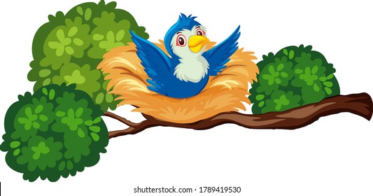 Happy blue bird on the nest illustration