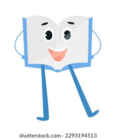 Happy blue book. Positivity and optimism. Toy or mascot for children. Feelings and emotions, facial expressions. Sticker for social networks and messengers. Cartoon flat vector illustration