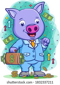 The happy blue boss pig holding the bag with a lot of money 