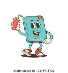 Happy blue cartoon book character wearing red sneakers smiling while holding a red plastic cup filled with lemonade and straw. Fun and playful element for educational designs. Vector illustration