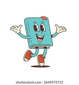 Happy blue cartoon book mascot with red bookmark and sneakers jumping with open arms in joyful friendly gesture. Perfect for educational and fun designs. Vector illustration