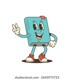 Happy blue cartoon book mascot smiling cheerfully while showing a peace victory hand gesture. Perfect for educational and projects requiring playful and friendly character design. Vector illustration