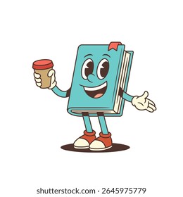 Happy blue cartoon book mascot smiling and holding a coffee cup, symbolizing energy, learning, and a relaxed attitude. Bright and creative artwork in vector illustration