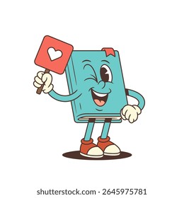 Mascote feliz do livro de desenhos animados azul sorrindo e piscando enquanto segura um sinal de coração vermelho, simbolizando bondade, simpatia e comunicação positiva na ilustração vetorial