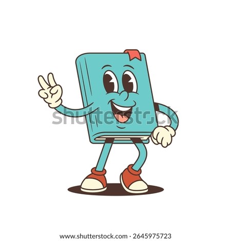Happy blue cartoon book mascot smiling cheerfully while showing a peace victory hand gesture. Perfect for educational and projects requiring playful and friendly character design. Vector illustration