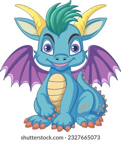 Happy blue cartoon dragon smiling illustration