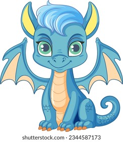 Happy blue cartoon dragon smiling illustration