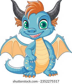 Happy blue cartoon dragon smiling illustration